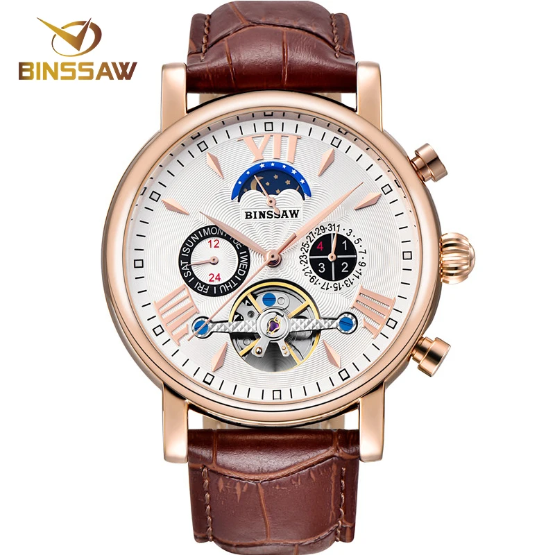 BINSSAW 2018 Новые Мужские автоматические механические часы Tourbillon кожаные деловые