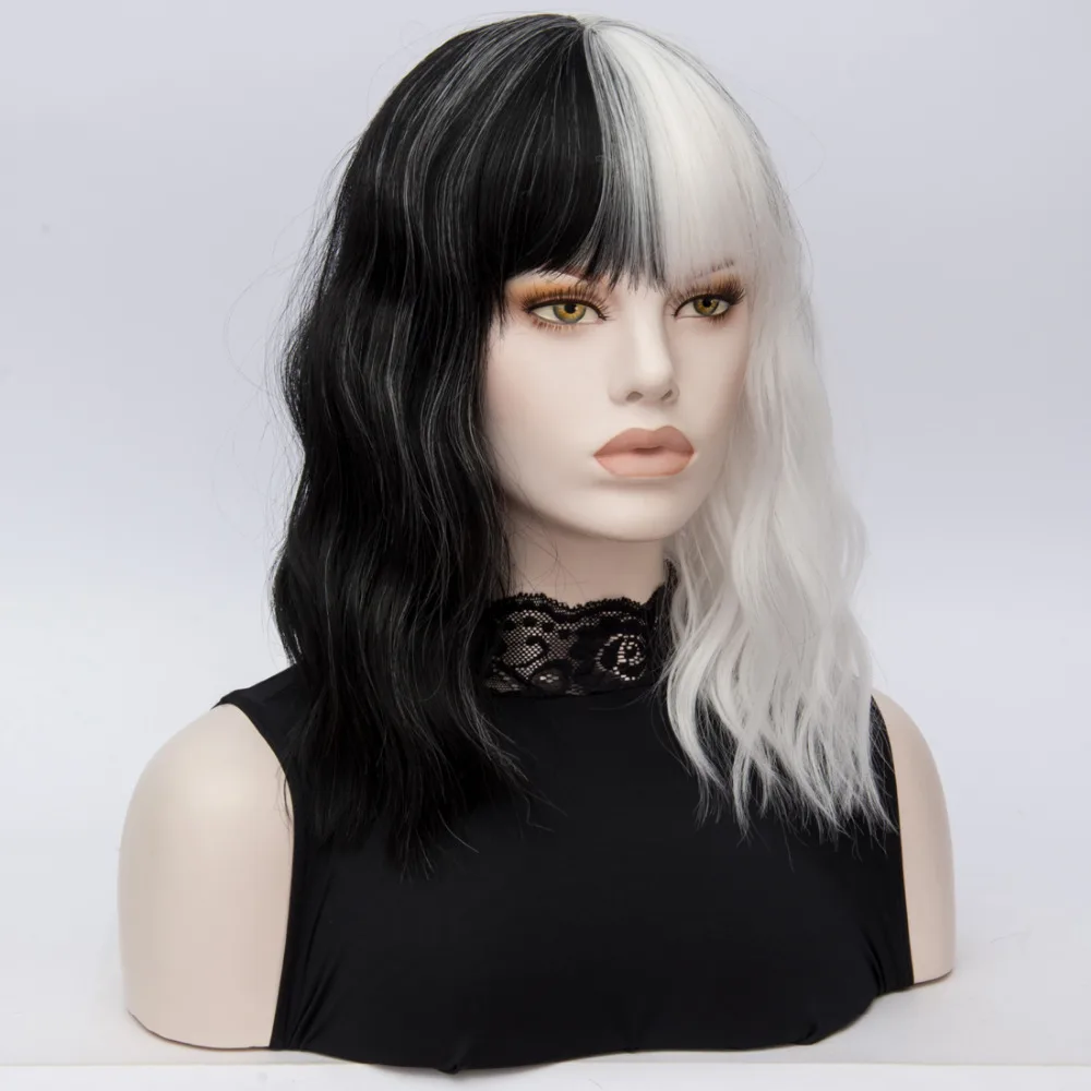 Pelucas cortas Similler para Halloween Cosplay mujer Peluca de pelo sintético rizado negro blanco 2 tonos Patchwork Pelucas cortas Similler para Halloween Cosplay mujer Peluca de pelo sintético rizado negro blanco 2 tonos Patchwork