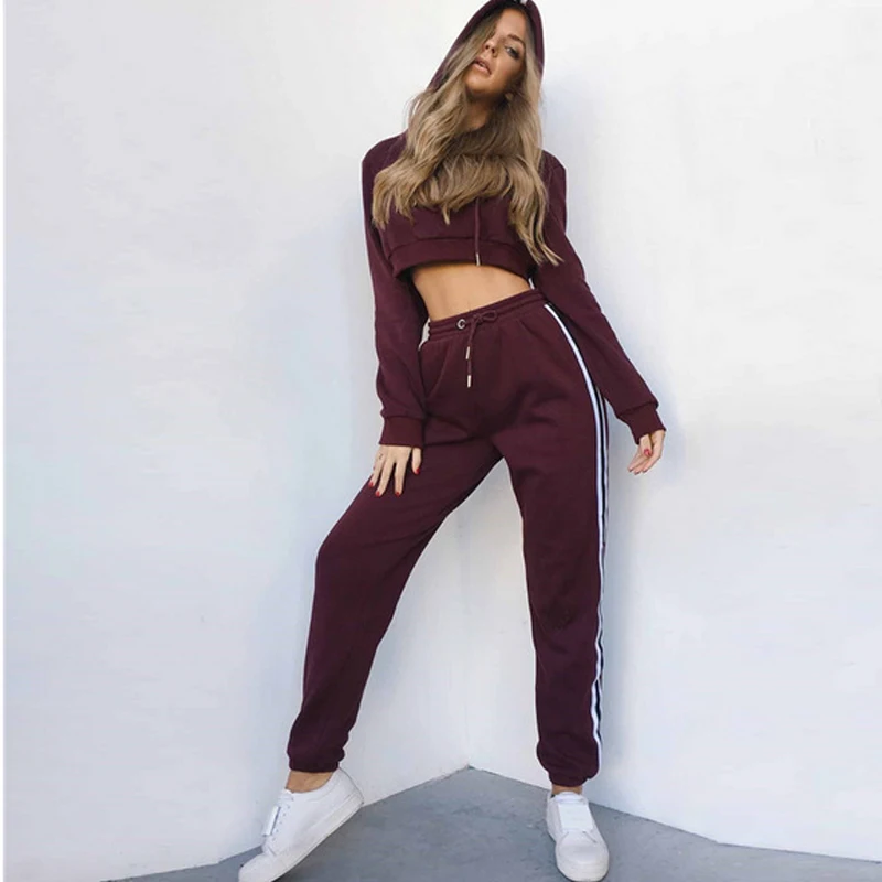 

2018 Autumn 2 Piece Set Women Tracksuit Sportswear Casual White Red Sweat Pants Hooded Cropped Sweatshirt Hoodie