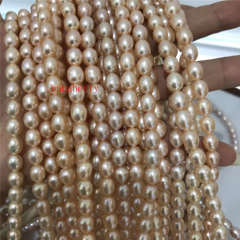 

New wholesale 1PCS New Fashion Simple Natural rice shape 6-7 mm AAA pink pearl loose beads DIY 15"