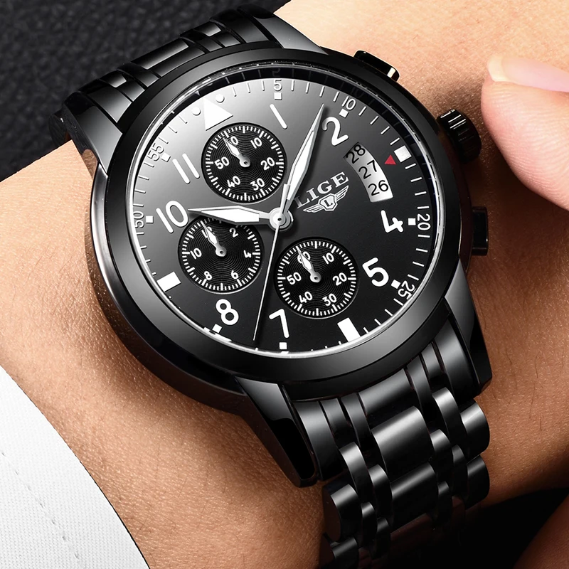 LIGE Top Luxury Brand Men Sport Quartz Watch Full Steel Black Mens Watches Dress Business Fashion Waterproof Military Male Clock