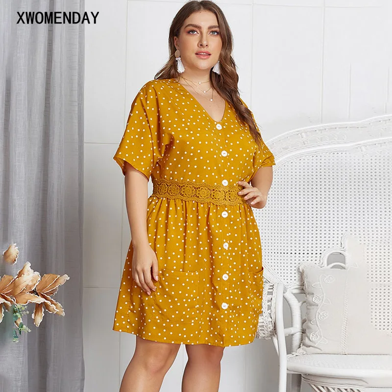 

Women Plus Size Casual Dot Printed Pockets Yellow Knee Length Dress Big Size 4XL Elegant Female 2019 Short Summer Dress Vestidos