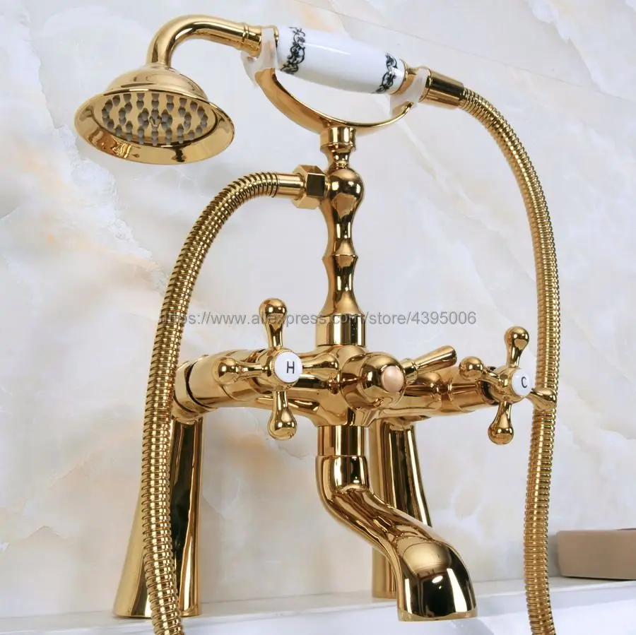 

Polished Golden Brass Deck Mount Bathtub Faucet Set Dual Handle with Hand Shower Swivel Tub Spout Bna150