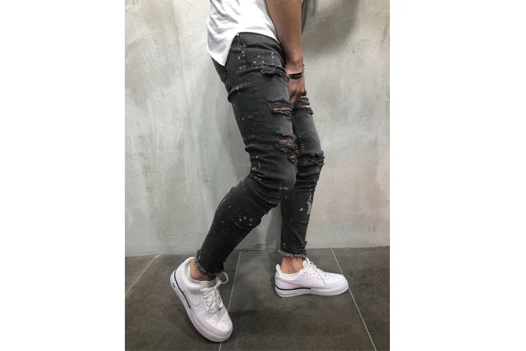 Весенние Новые slim fit Мужские джинсы летние модные джинсовые рваные на молнии байкерские узкие джинсы отверстие для человека сплошной цвет