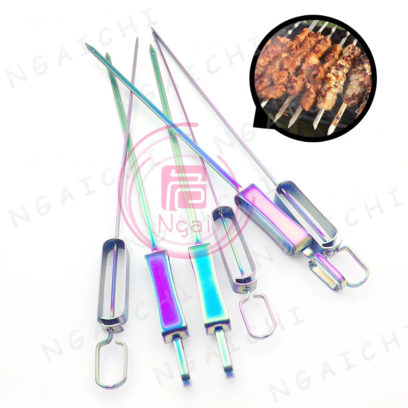 Bbq Skewers Meat Grill Fork Knife Set Stainless Steel Outdoor Flat