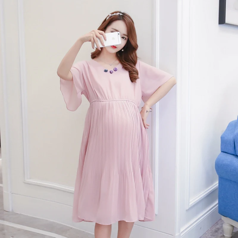 

Korean maternity dress summer V-neck pleated chiffon maternity dress big new code pregnant women summer dress