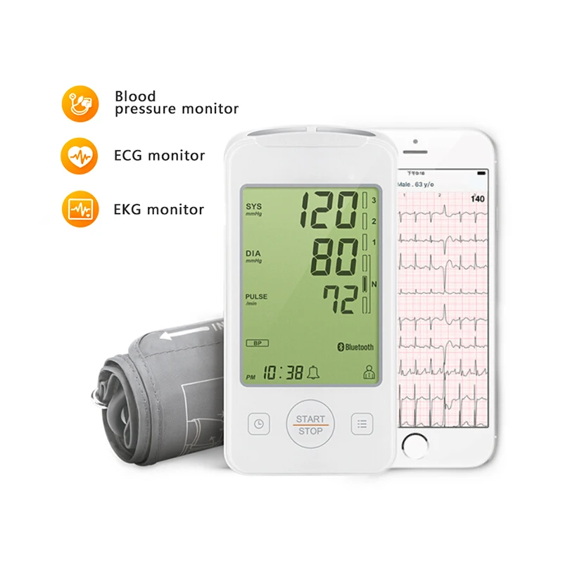 Multifunction Health Care Lcd Arm Blood Pressure Monitor with ECG monitor Machine for EKG tracing APP record Automatic detection