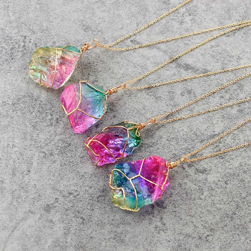 

Trendy Colorful Natural Stone Winding Pendant Necklace Transparent Multi-color In Alloy Chain Necklace For Women