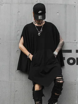 

Men Black Loose T-shirt Cloak Male Summer Tee Shirt Stage Show Clothing Irregular Hem T Shirt