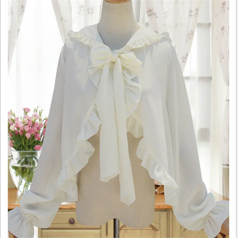 

6 Colors Sweet Lolita Chiffon Blouse Women's Tops Long Petal Sleeve Ruffled Hooded Chiffon Shirts Autumn Spring Summer