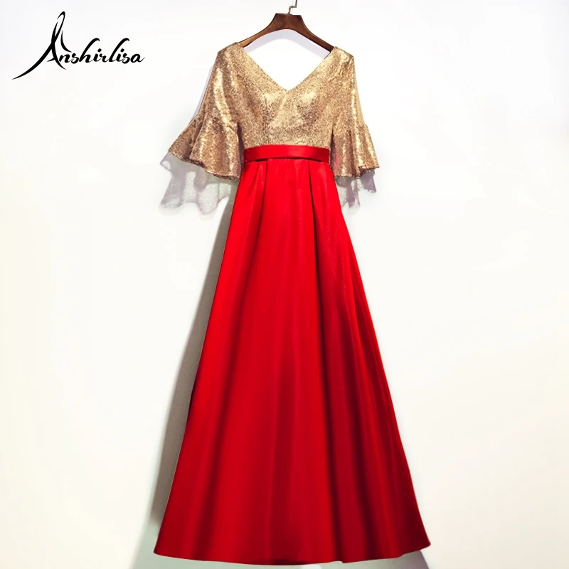 

Anshirlisa Women's Evening Dress V Neck Long Lace Up Gold and Red Sequin Luxury Elegant Prom Celebrity Party Gala Gown Vestido