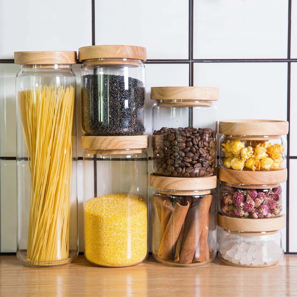 Japan Zakka Style Glass Spice Jar Kitchen Canisters Cookie Jars Wooden Lid 3 Pieces Spices Storage Box Candy Jar High Quality