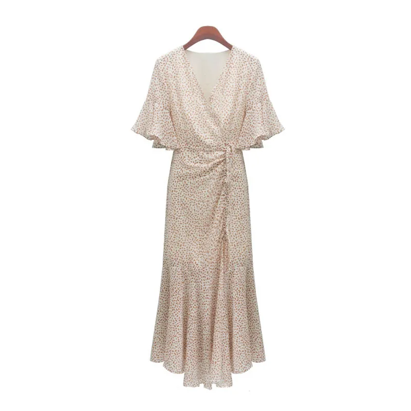 

PERHAPS U green black orange print chiffon v neck flare sleeve drawstring maxi dress D1032