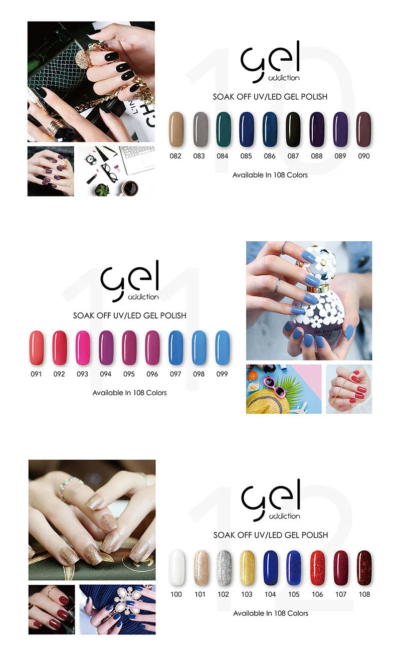 new Gel Addiction 108 colors soak off UV/LED gel polish base and top coat 12ml You can choose 6 different colors