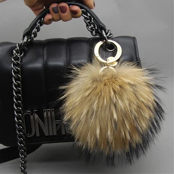 

Fashion High-eng Genuine Raccoon Fur Pom Pom Bag Bugs Charm Keychain Plush Car Pendant Pom Pom Bag Key Chain