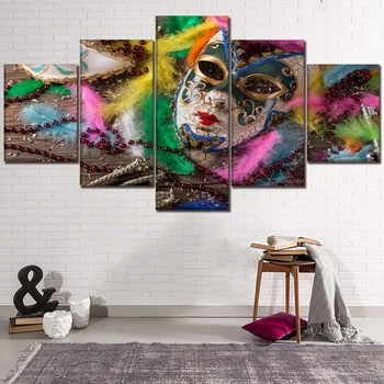 

Dance Party Wall Decor One Set 5 Panel Modular Picture Artistic Color Feather Mask Poster Modern Printing Type Canvas Painting