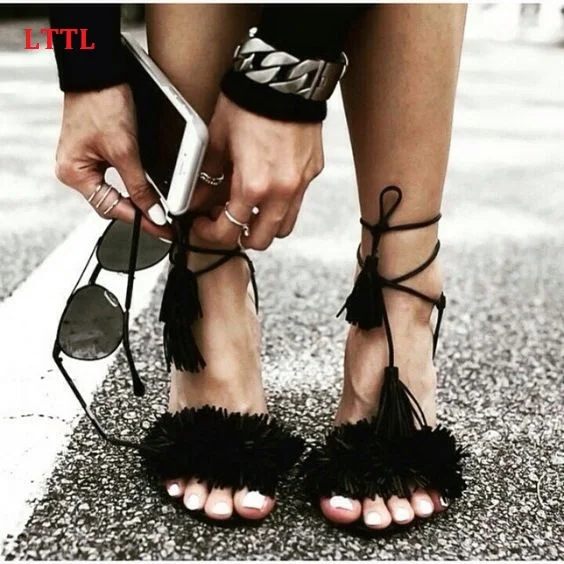 

Hot Sale Red Blue Suede Fringe Heels Women Sandals Lace-Up Open Toe High Heels Women Shoes Tasseled Ankle Strap Women Pumps