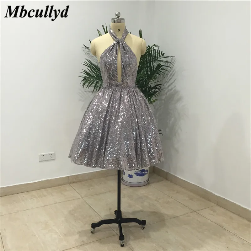 

Mbcullyd Bridesmaid Dresses For Women 2019 Sexy Backless Short Prom Dress Party Gown Sliver Sequins Cheap Vestidos de fiesta
