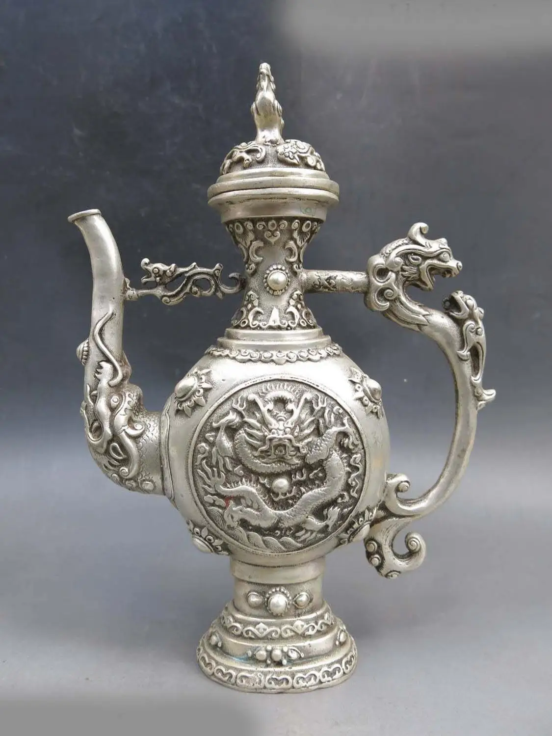 

9" China Silver carved Foo Dogs Lion Dragon wine pot sculpture flagon Statue