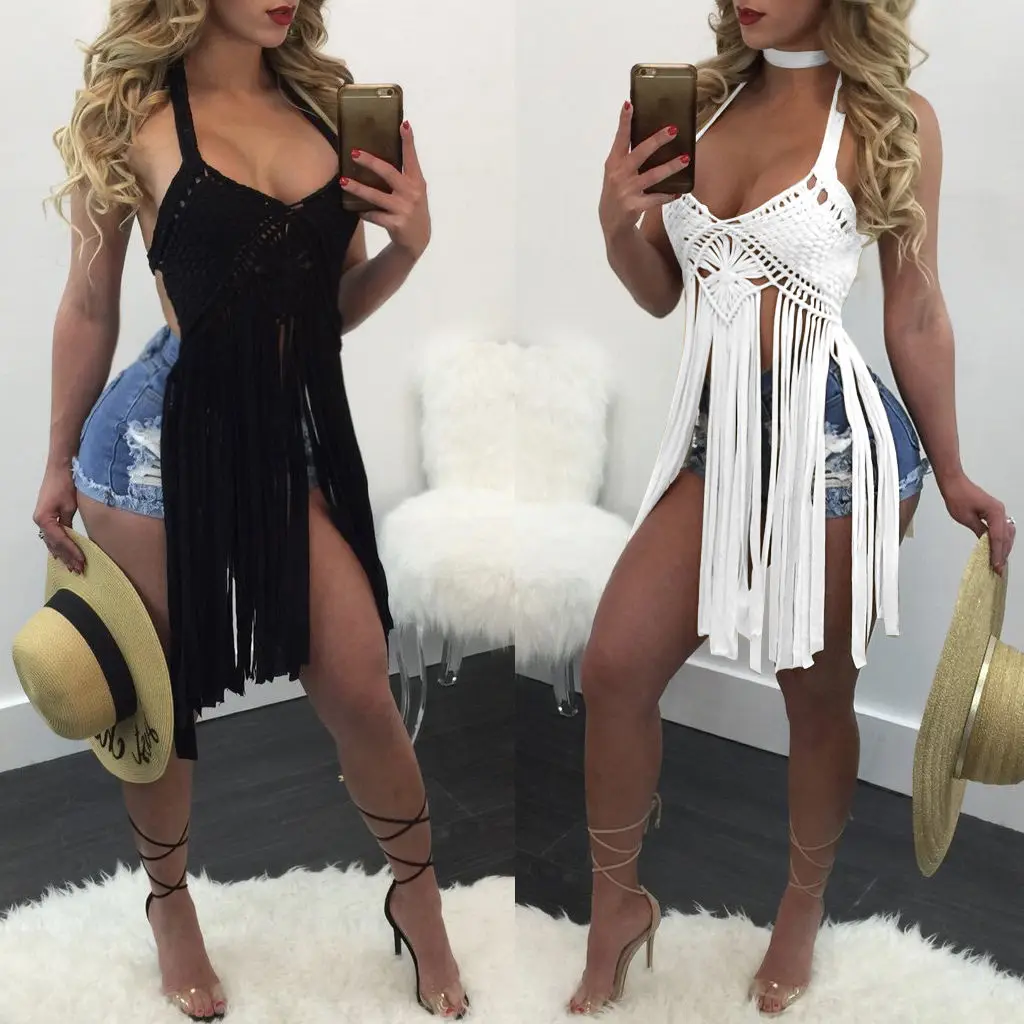 

Ladies Women Tassel Knitting Lace Crochet Bikini Cover Up Beach Dress Swimwear Bathing Suit