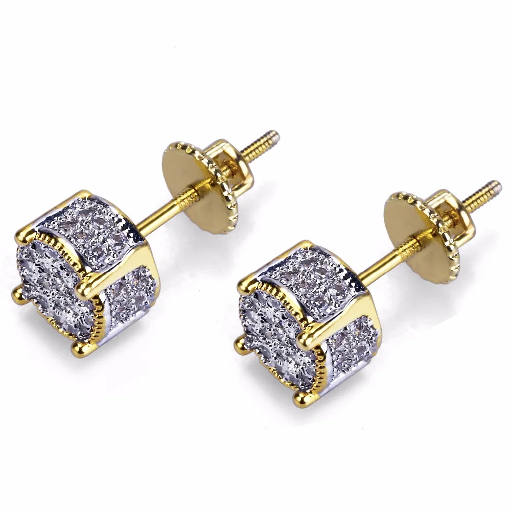 2x Gold Plated Two Tone Cz Micropave Earring Stud Round Hip Hop Screw Backings 2x Gold Plated Two Tone Cz Micropave Earring Stud Round Hip Hop Screw Backings