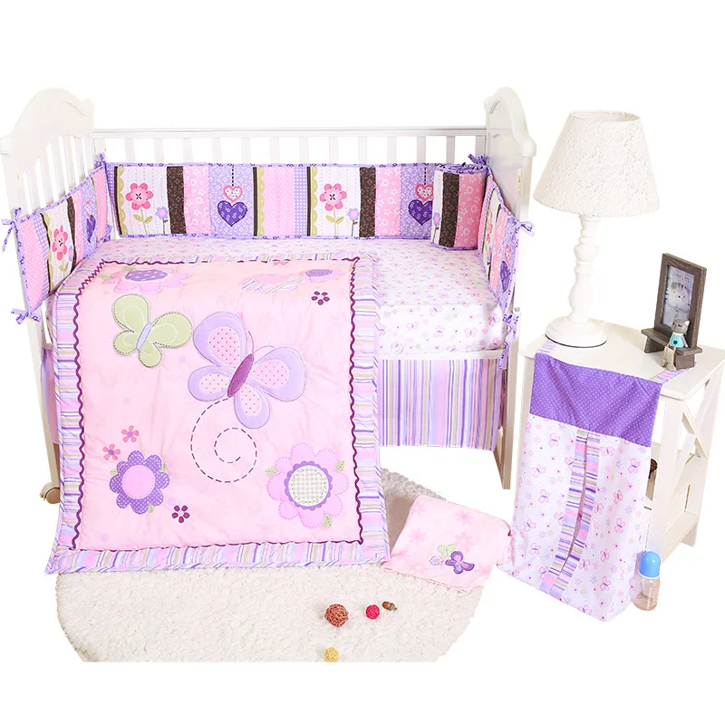 6pcs Purple Butterfly Baby Bedding Set Bed Cover Sheets Bed Skirt