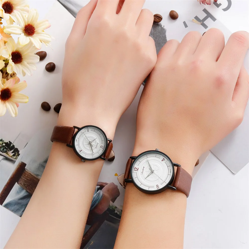 

Men Women Simple Analog Quartz Watch Black Case with Leather Strap KQS8