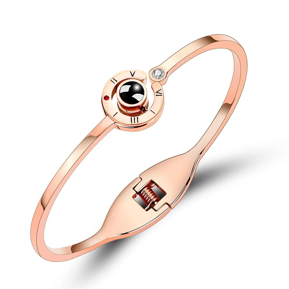 

Fashion 100 Languages I Love You Memory Bangle Rose Gold Stainless Steel Roman Numerals Crystal Bracelet For Women