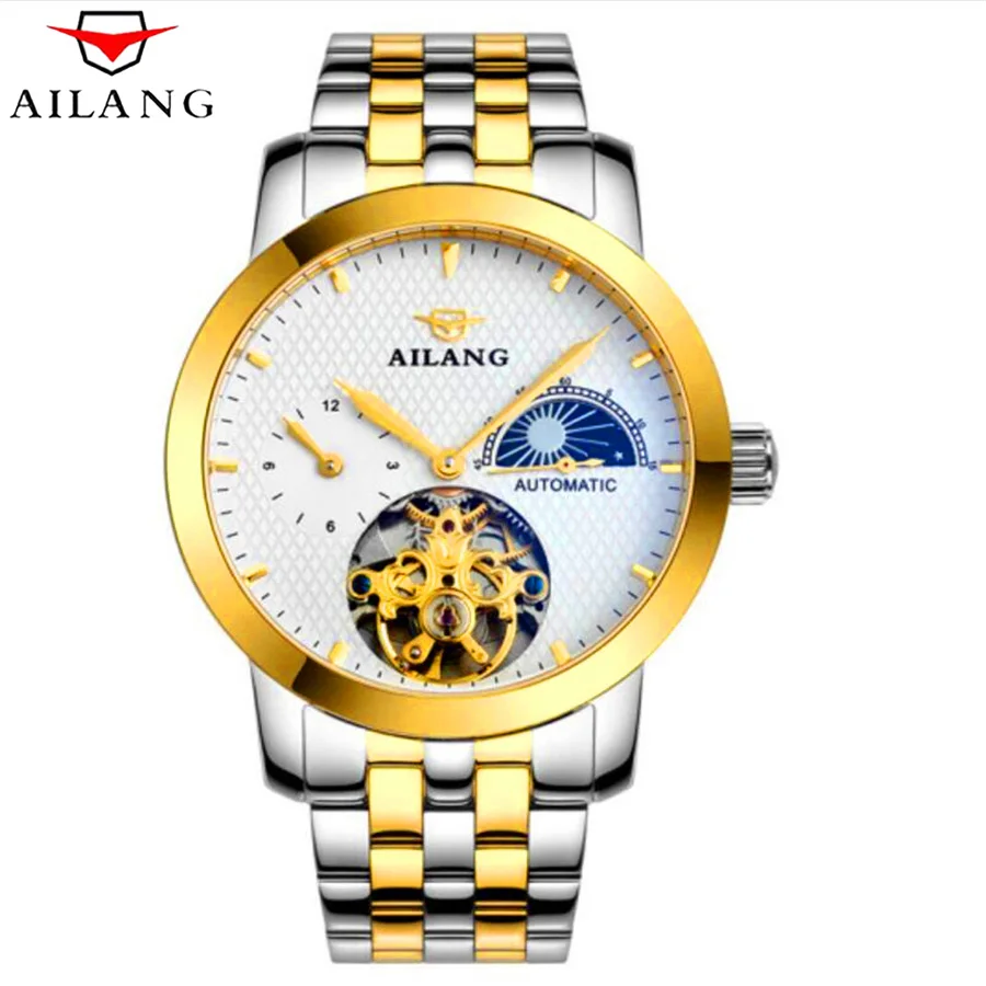 

AILANG Waterproof Tourbillon Mechanical Watches Moon Phase Luxury Sapphire Crystal Automatic Watch Men Full Steel Relogio 2018