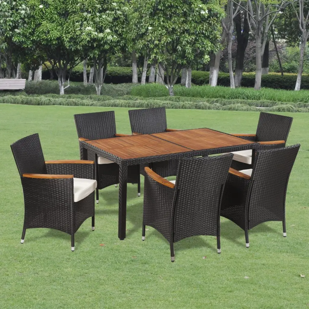 vidaXL Seven Piece Outdoor Dining Set Poly Rattan Acacia Table Topin