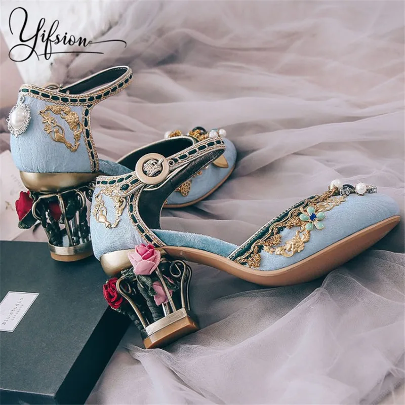 

OLOME New Black Red Floral Metal Heel Women Summer Sandals Round Toe Buckle Strap Women Wedding Party Sandals Shoes Woman