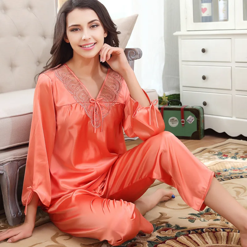 

Luxury lady spring summer simulation silk nightwear sexy women long sleeved trousers lace pajamas hollow out v neck design