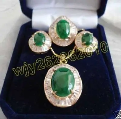 

Fine Jewelry real 18KGP Fashion Cubic Zirconia Trendy %Design elegant green jade inlaid Zircon Necklace Earrings Ring Set