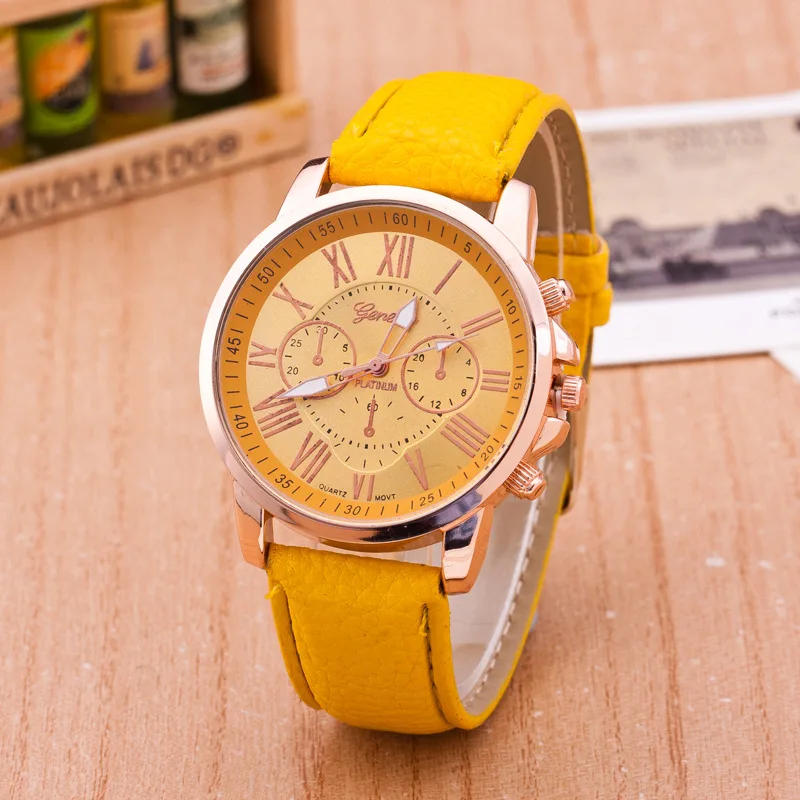 Женские часы модные Geneva брендовые римские цифры искусственная кожа аналоговые кварцевые наручные часы женские часы красочные новые