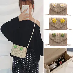 Женская плетеная солома сумка через плечо Цветочный декор маленькая квадратная сумка-мессенджер Лучшая Продажа-WT