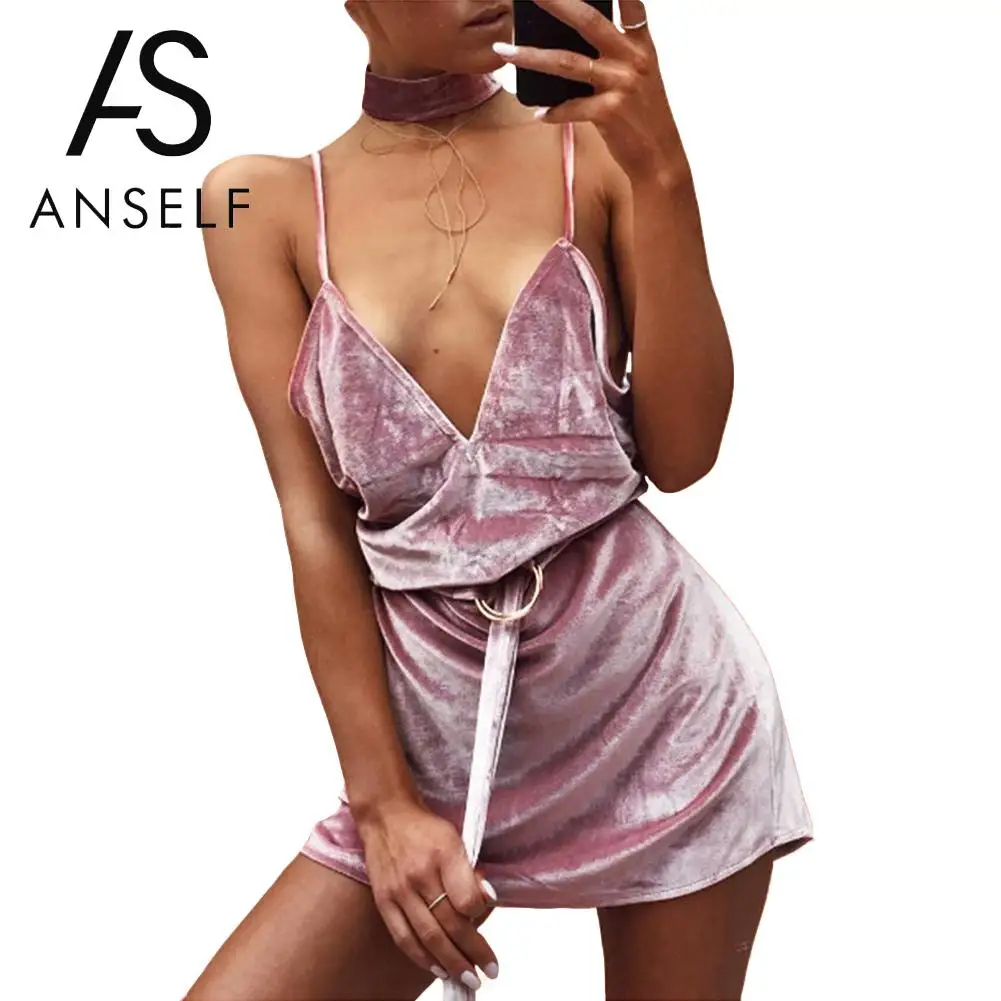 

Anself Sexy Winter Women Velvet Dress Deep V-Neck Backless Bandage Dress Spaghetti Strap Evening Party Dresses Vestidos Pink