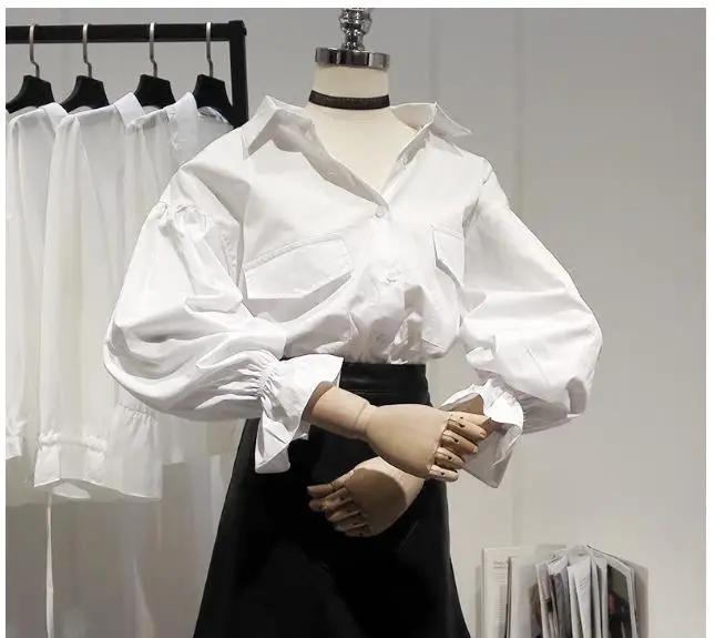 

2018 autumn winter women lantern sleeved white shirts office lady elegant loose ruffles pockets shirts tops