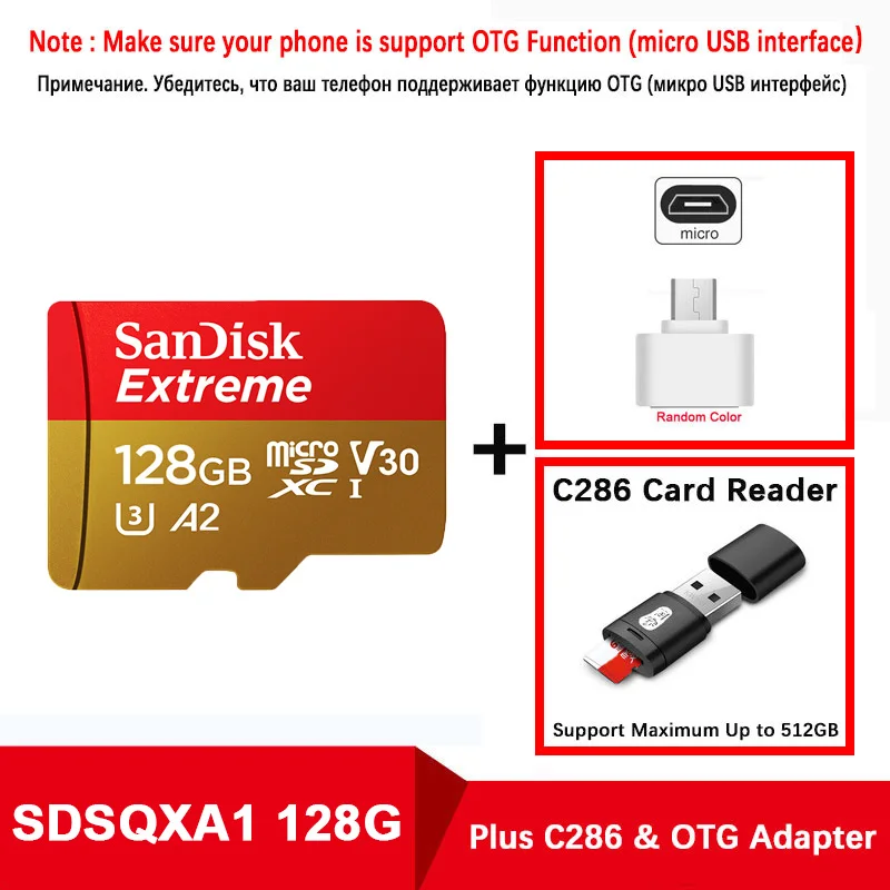 sandisk Extreme Micro SD карта U3 V30 A2 128 ГБ mcrosd флэш TF карта картао де Мемория карта памяти для дрона смартфон - Емкость: SQXA2-128G-C286-OTG