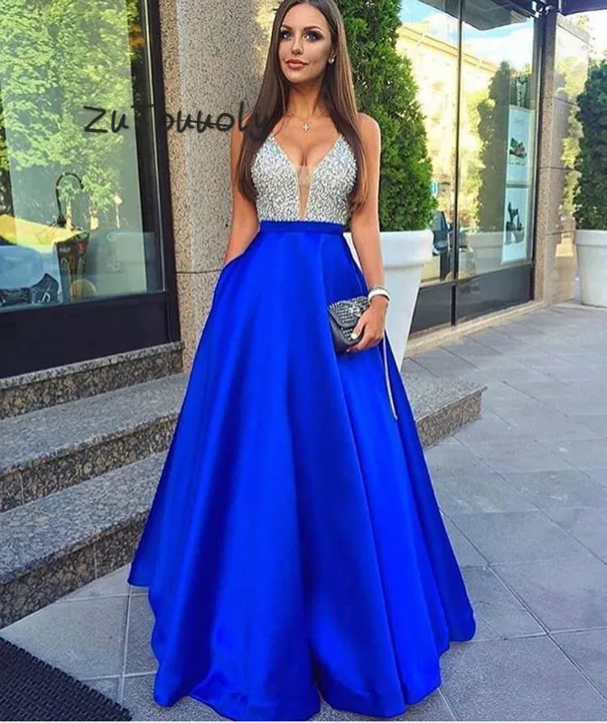 

Fitted Blue Prom Dress With Pockets Elegant V Neck Floor Length Top Beaded Evening Dress Plus Size 2019 Special Occasion Dress