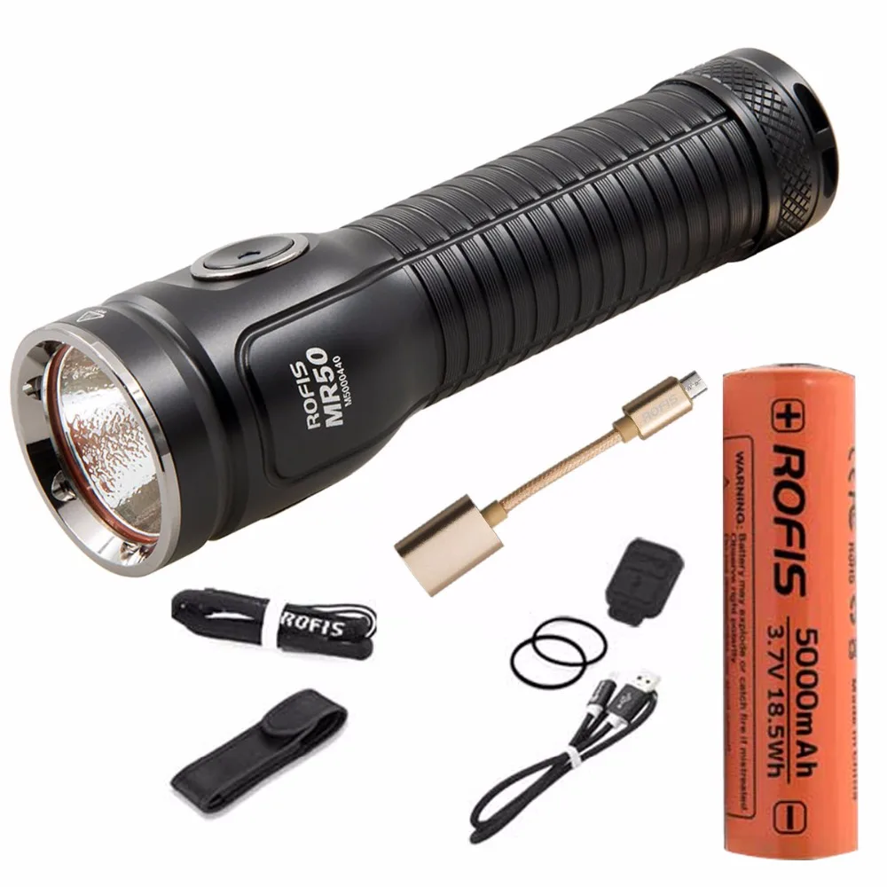 

Rofis MR50 USB rechargeable Flashlight CREE XHP50.2 CW LED max 2500 lumen tactical torch with 21700 5000mAh li-ion battery