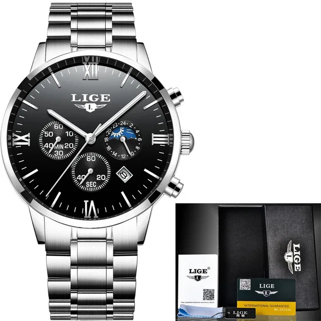 silver black steel LIGE, мужские часы с хронографом, спортивные мужские часы, Топ бренд, Роскошные водонепроницаемые полностью Стальные кварцевые золотые часы, мужские часы - Цвет: silver black steel