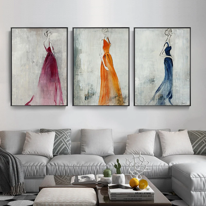 

Retro Women in dress Vintage Poster Wall Art Canvas Painting Minimalist Print Decorative Wall Pictures for Living Room Decor
