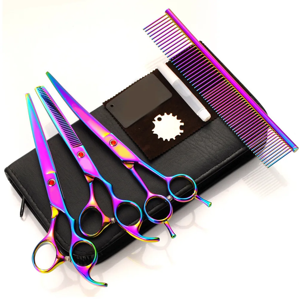 

5PCS Set 7 Inch Colorful Stainless Steel Pet Set Pet Hair Scissors Clippers Flat Tooth Cut Dog Beauty Tools Kit Beauty Supplies