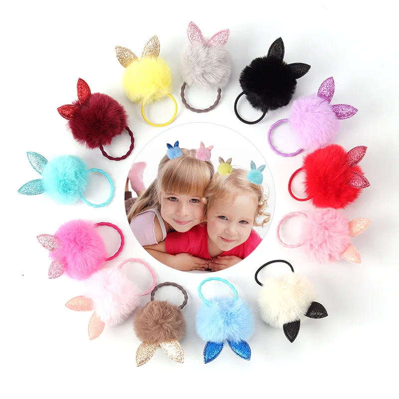 

14-color rabbit ear jewelry, children's baby cute elastic hair band, hair ball tied hair rope, girl sweet, bunny headband gift