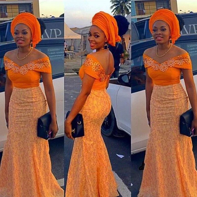 Africa Orange Appliques Mermaid Evening Dresses Long African Color