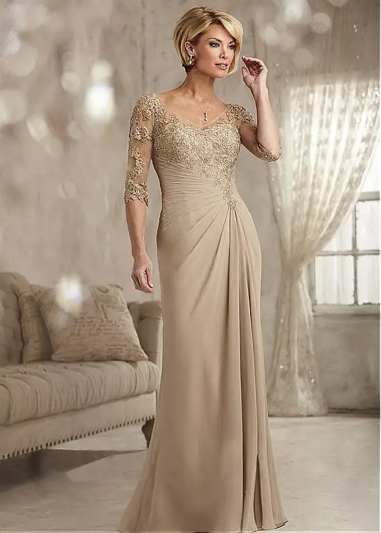 Junoesque цвета шампанского с v-образным вырезом Аппликации А-силуэта платья для матери невесты размера плюс длинное вечернее платье Vestido mae da noiva