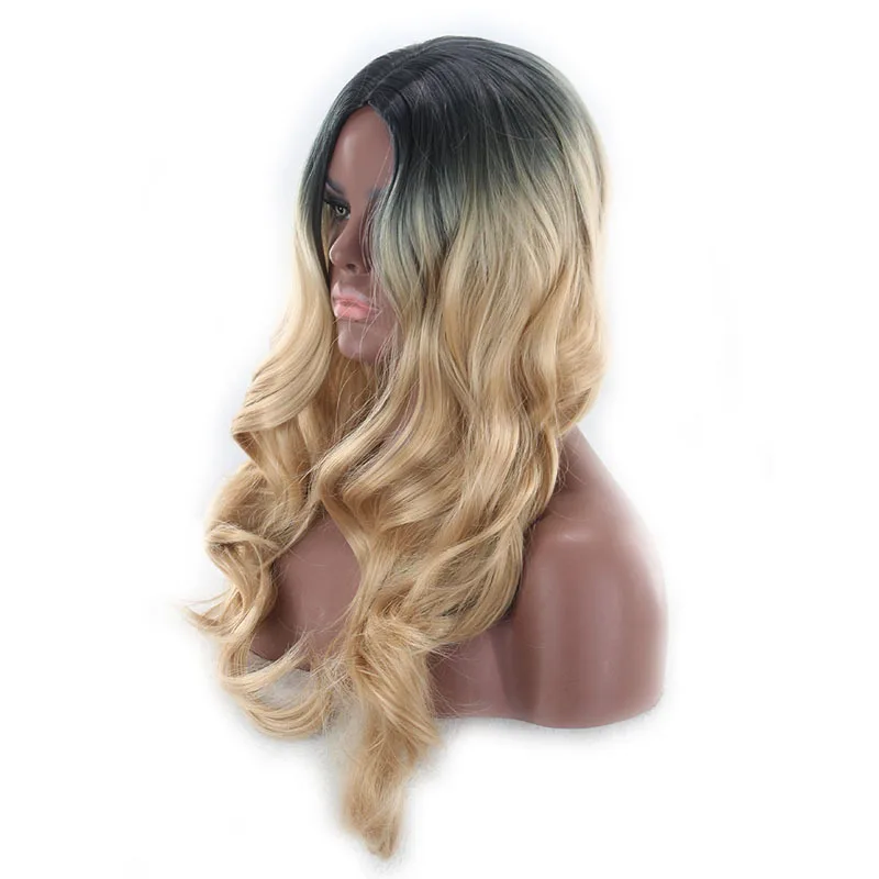 Middle Part Two Tone Black Blonde Ombre Wig Cosplay Synthetic Natural Hair Long Wavy Wigs For Women High Temperature Fiber