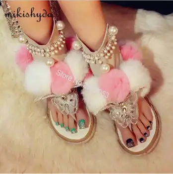 

Beauty Mixed Color Fur Gladiator Sandals Women Flats Wedges Dress Shoes 2016 Summer New Ankle Boots Luxury Crystal Sandals Woman