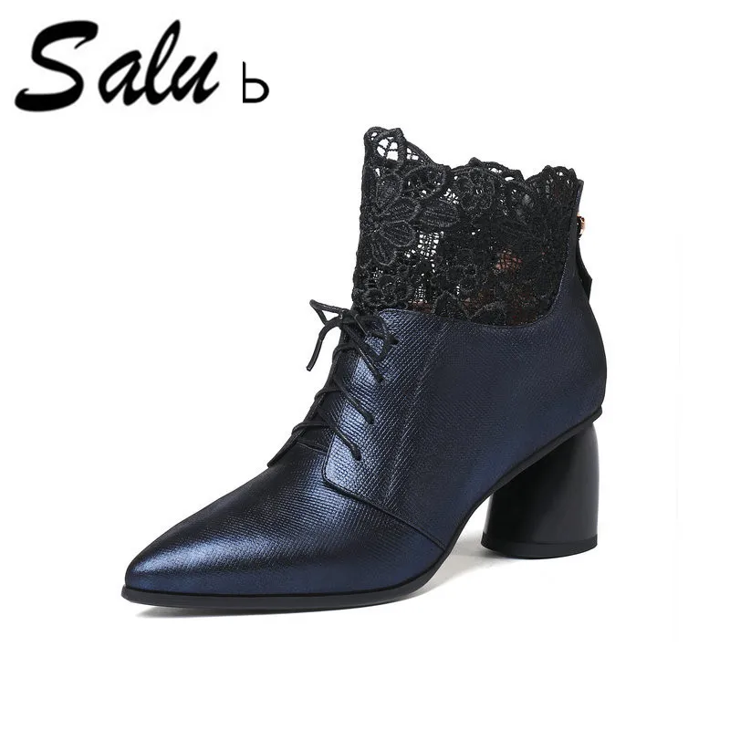 

Salu new ankle boots sexy snake leather women shoes pointed toe thick high heel python genuine leather boots