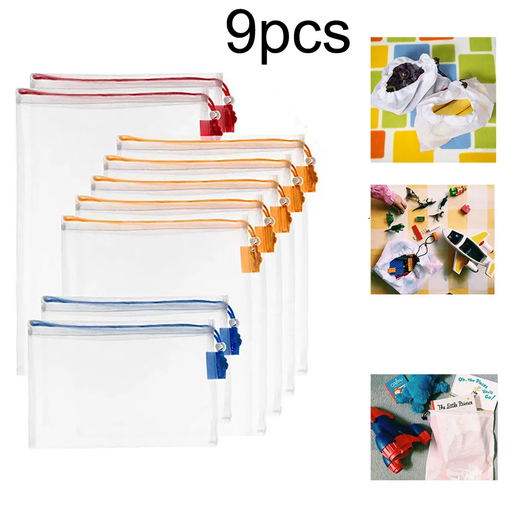 9PCS Reusable Washable Mesh Produce Bags For Grocery Shopping Storage Fruit Vegetable Toys Bag